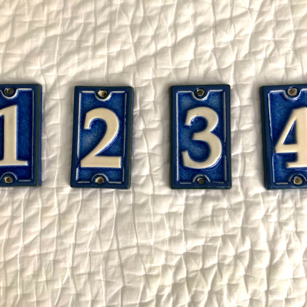 French style enamel number tiles, blue, white